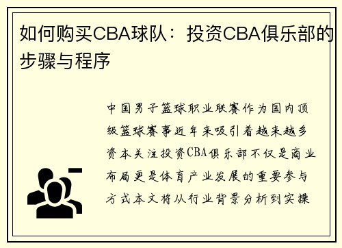 如何购买CBA球队：投资CBA俱乐部的步骤与程序