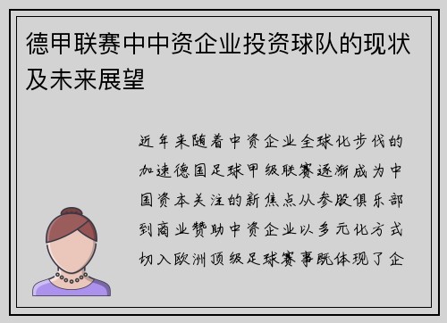 德甲联赛中中资企业投资球队的现状及未来展望